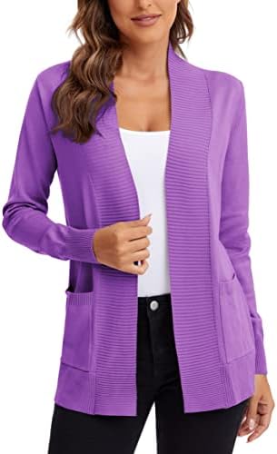 Lightweight Open Front Knit Cardigan Sweater with Pockets, Light Purple
