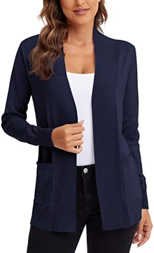 Lightweight Open Front Knit Cardigan Sweater Long Sleeve with Pocket, Navy Blue