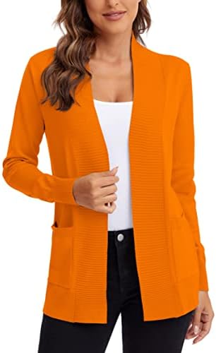 Lightweight Open Front Knit Cardigan Sweater with Pockets, Orange