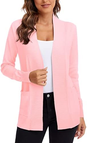 Lightweight Open Front Knit Cardigan Sweater Long Sleeve with Pocket, Pink