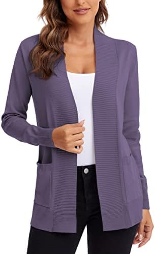Lightweight Open Front Knit Cardigan Sweater Long Sleeve with Pocket, Purple