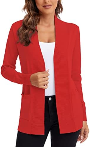 Lightweight Open Front Knit Cardigan Sweater Long Sleeve with Pocket, Red