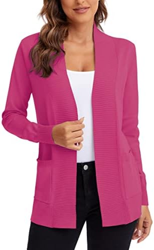 Lightweight Open Front Knit Cardigan Sweater Long Sleeve with Pocket, Rose