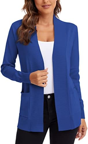 Lightweight Open Front Knit Cardigan Sweater Long Sleeve with Pocket, Royal Blue