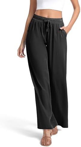 Lightweight Wide Leg Pants Elastic Waist Loose Office Casual Palazzo Trousers for Spring Summer, Black