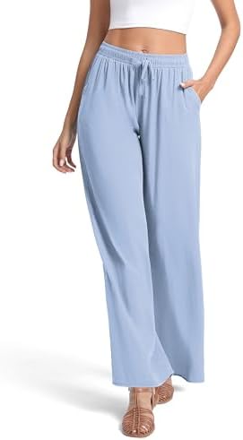 Lightweight Wide Leg Pants Elastic Waist Loose Office Casual Palazzo Trousers for Spring Summer, Light Blue