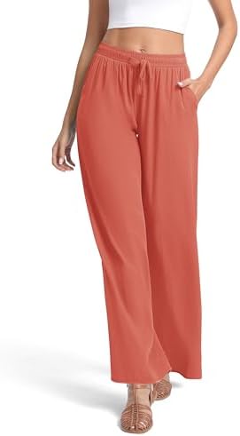 Lightweight Wide Leg Pants Elastic Waist Loose Office Casual Palazzo Trousers for Spring Summer, Rust