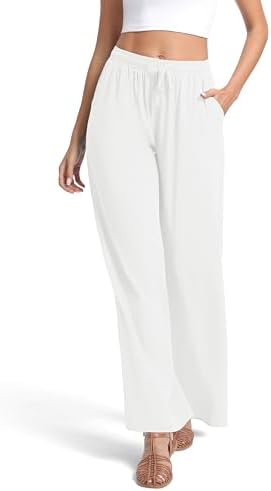 Lightweight Wide Leg Pants Elastic Waist Loose Office Casual Palazzo Trousers for Spring Summer, White