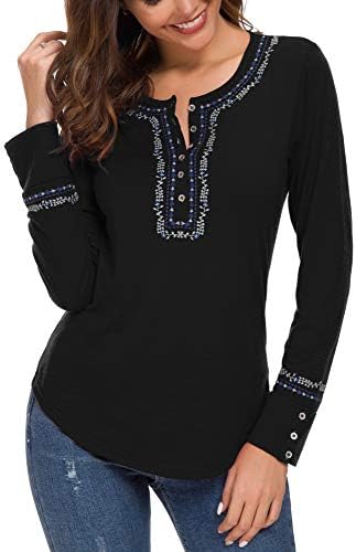 Long Sleeve Boho Shirt Embroidered Top, Black