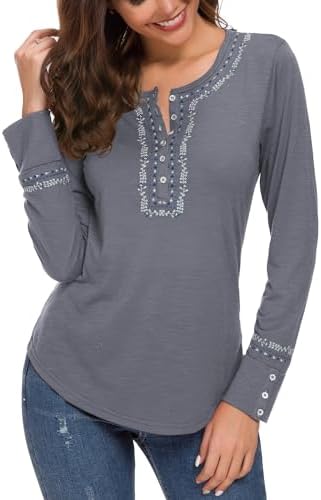 Long Sleeve Boho Shirt Embroidered Top, Deep Grey