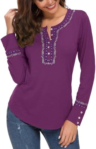 Long Sleeve Boho Shirt Embroidered Top, Grape Purple