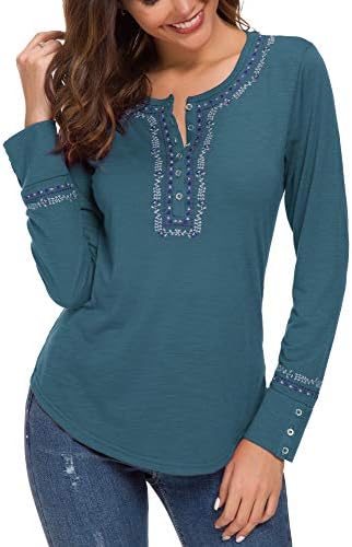 Long Sleeve Boho Shirt Embroidered Top, Ink Blue