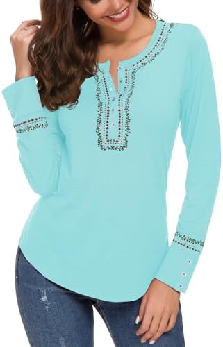 Long Sleeve Boho Shirt Embroidered Top, Light Blue