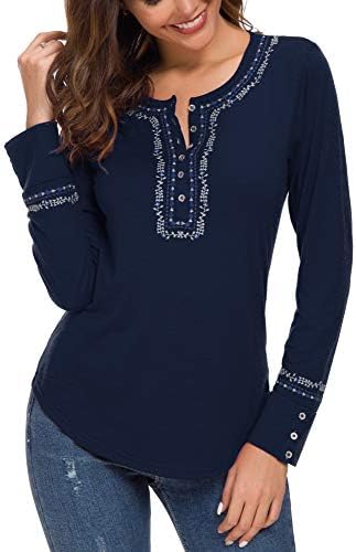 Long Sleeve Boho Shirt Embroidered Top, Navy Blue