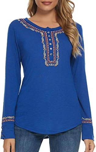 Long Sleeve Boho Shirt Embroidered Top, Royal Blue
