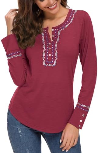 Long Sleeve Boho Shirt Embroidered Top, Wine Red