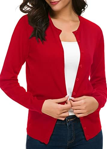 Long Sleeve Button Down Cardigan Crew Neck Classic Knit Sweater for Women, Red