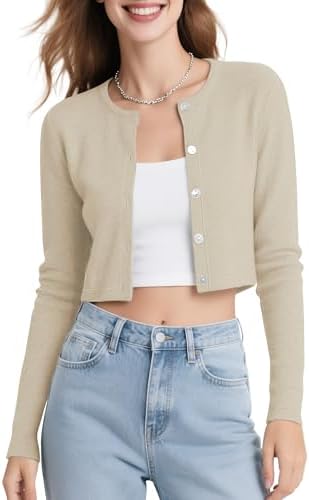 Long Sleeve Button Up Cropped Cardigan Sweaters for Women Crew Neck Short Bolero Shrug for Dresses, Apricot