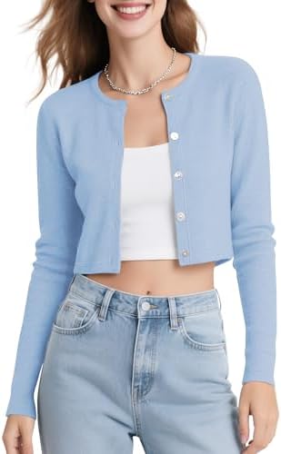 Long Sleeve Button Up Cropped Cardigan Sweaters for Women Crew Neck Short Bolero Shrug for Dresses, Blue