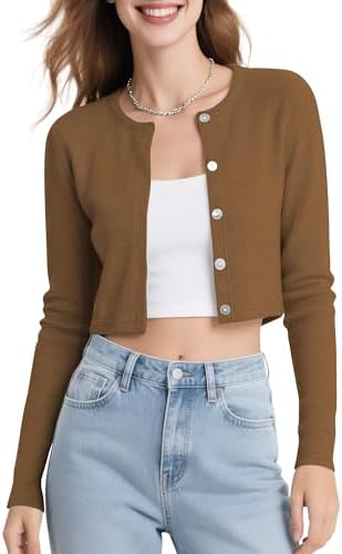 Long Sleeve Button Up Cropped Cardigan Sweaters for Women Crew Neck Short Bolero Shrug for Dresses, Brown