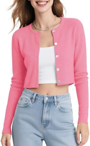 Long Sleeve Button Up Cropped Cardigan Sweaters for Women Crew Neck Short Bolero Shrug for Dresses Coral, Coral