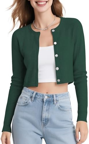 Long Sleeve Button Up Cropped Cardigan Sweaters for Women Crew Neck Short Bolero Shrug for Dresses, Dark Green
