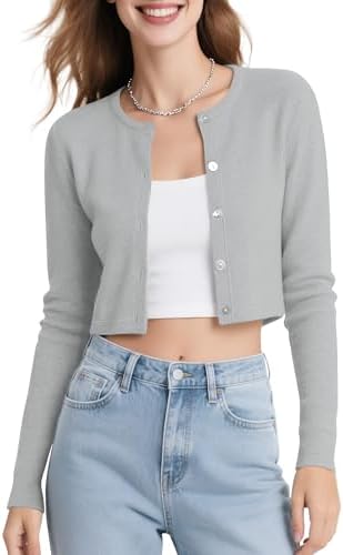 Long Sleeve Button Up Cropped Cardigan Sweaters for Women Crew Neck Short Bolero Shrug for Dresses, Heather Gray