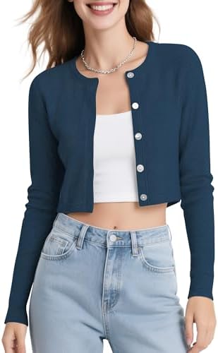 Long Sleeve Button Up Cropped Cardigan Sweaters for Women Crew Neck Short Bolero Shrug for Dresses Ink, Ink Blue