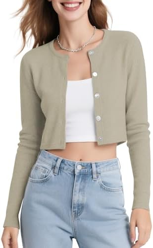 Long Sleeve Button Up Cropped Cardigan Sweaters for Women Crew Neck Short Bolero Shrug for Dresses, Khaki