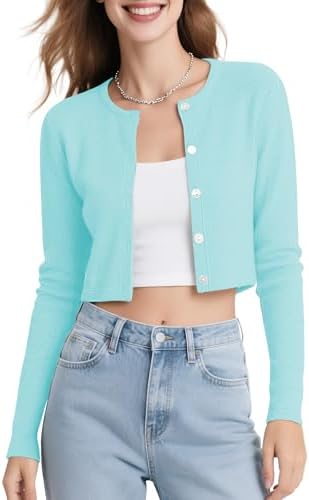 Long Sleeve Button Up Cropped Cardigan Sweaters for Women Crew Neck Short Bolero Shrug for Dresses, Light Blue