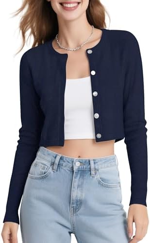 Long Sleeve Button Up Cropped Cardigan Sweaters for Women Crew Neck Short Bolero Shrug for Dresses, Navy Blue