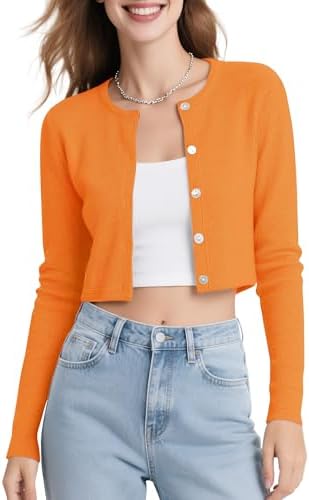 Long Sleeve Button Up Cropped Cardigan Sweaters for Women Crew Neck Short Bolero Shrug for Dresses Orange, Orange