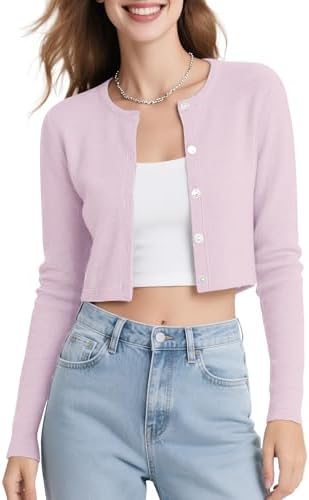 Long Sleeve Button Up Cropped Cardigan Sweaters for Women Crew Neck Short Bolero Shrug for Dresses, Pink Lavender