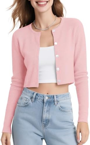 Long Sleeve Button Up Cropped Cardigan Sweaters for Women Crew Neck Short Bolero Shrug for Dresses, Pink