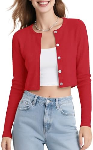 Long Sleeve Button Up Cropped Cardigan Sweaters for Women Crew Neck Short Bolero Shrug for Dresses, Red