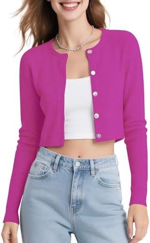 Long Sleeve Button Up Cropped Cardigan Sweaters for Women Crew Neck Short Bolero Shrug for Dresses, Rose