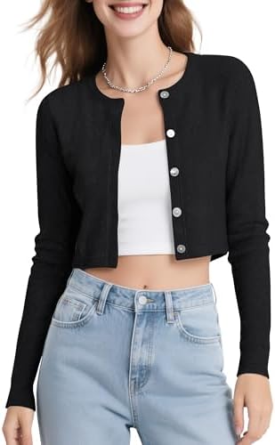 Long Sleeve Button Up Cropped Cardigan Sweaters for Women Crew Neck Short Bolero Shrug for Dresses