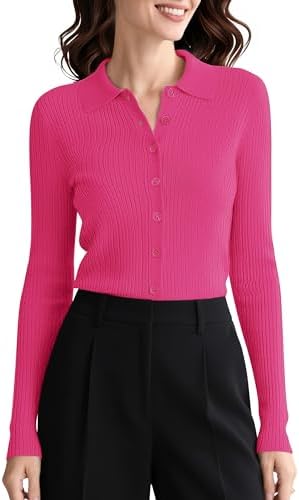 Long Sleeve Button Up Sweater Polo Shirt Collared Knit Cardigan Sweaters