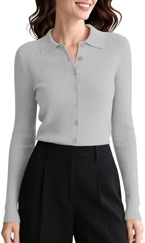 Long Sleeve Button Up Sweater Polo Shirt Collared Knit Cardigan Sweaters, Light Gray