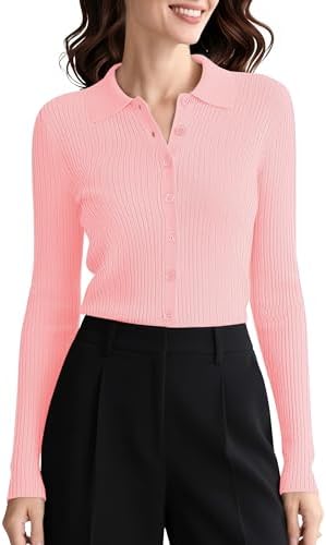 Long Sleeve Button Up Sweater Polo Shirt Collared Knit Cardigan Sweaters, Pink