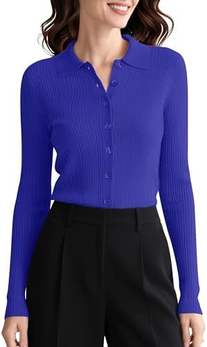 Long Sleeve Button Up Sweater Polo Shirt Collared Knit Cardigan Sweaters, Royal Blue