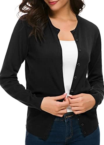 Long Sleeve Crew Neck Button Down Knit Cardigan Sweater, Black