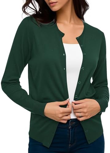 Long Sleeve Crew Neck Button Down Knit Cardigan Sweater, Dark Green