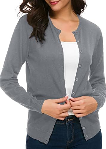 Long Sleeve Crew Neck Button Down Knit Cardigan Sweater, Deep Grey