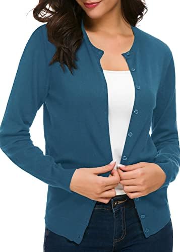 Long Sleeve Crew Neck Button Down Knit Cardigan Sweater, Indigo Blue