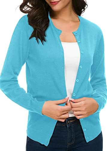 Long Sleeve Crew Neck Button Down Knit Cardigan Sweater, Lake Blue