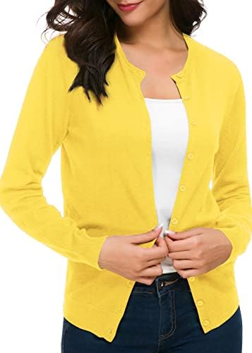 Long Sleeve Crew Neck Button Down Knit Cardigan Sweater, Lemon Yellow