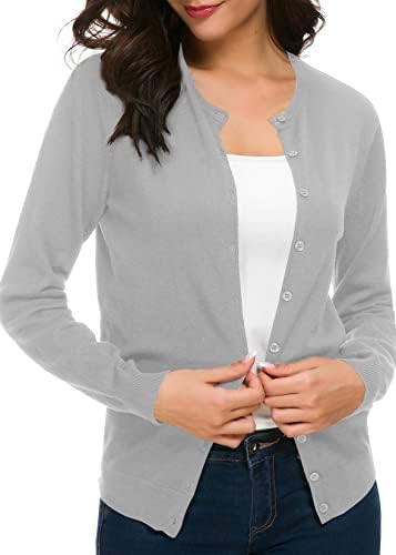 Long Sleeve Crew Neck Button Down Knit Cardigan Sweater, Light Grey