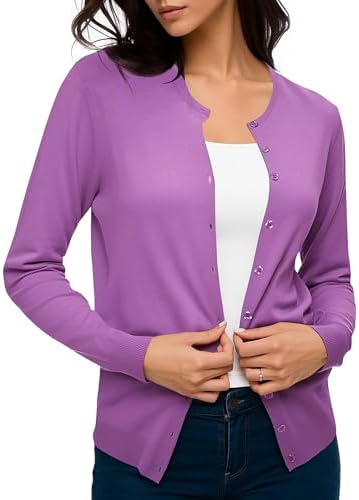 Long Sleeve Crew Neck Button Down Knit Cardigan Sweater, Light Purple