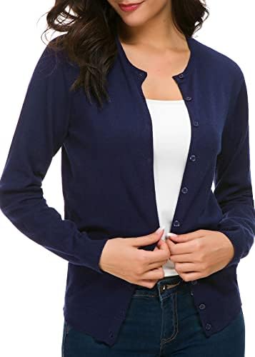Long Sleeve Crew Neck Button Down Knit Cardigan Sweater, Navy Blue